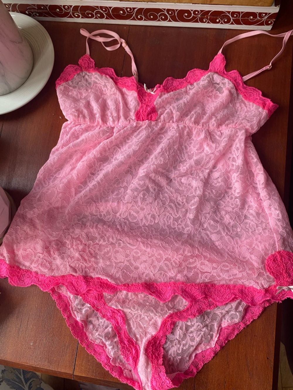Y2K Victoria Secrets Pink Lace Pretty Little Things Lingerie Set Camisole Medium